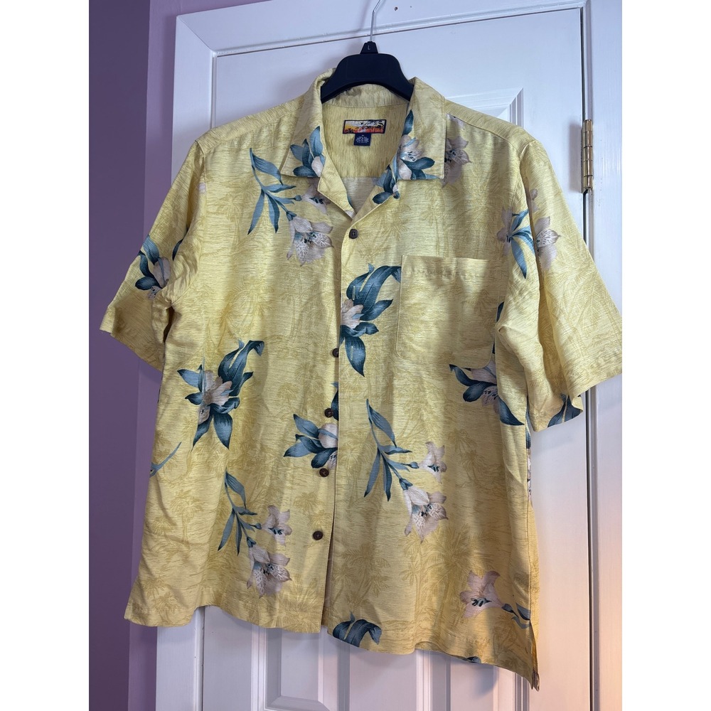 Havana Jack's Cafe Mens XL Silk Floral Tropical Hawaiian Camp Shirt Yellow